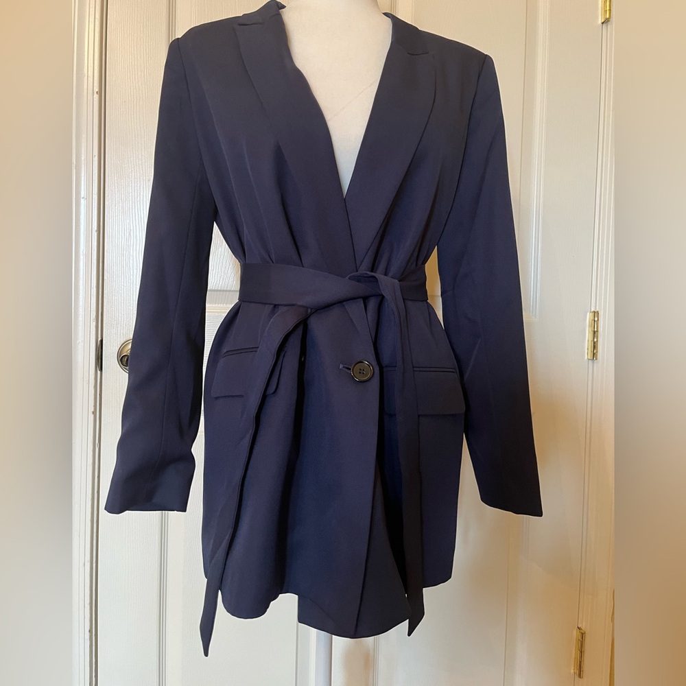 Mural Navy Blue Belted Trench Coat